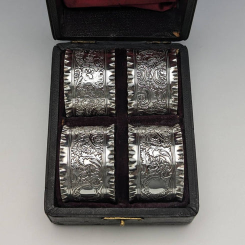 Around 1905 British antique silver plated napkin rings set of 4 in a case